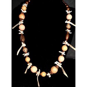 Wood Bead African Safari Necklace Native Faux Bone Peach Bead Design by Paula